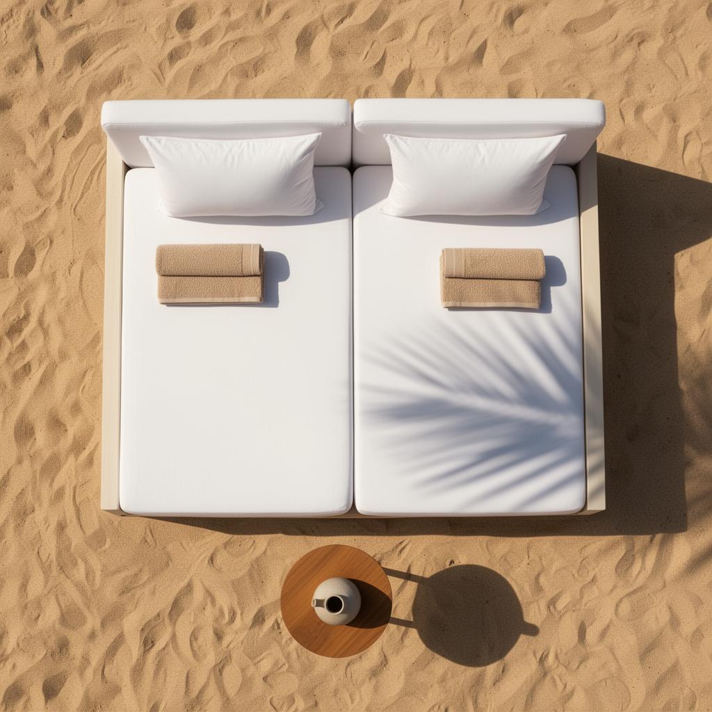 Overhead view of white double daybed on sand with linen and pampas